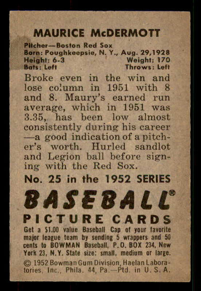1952 Bowman Baseball #025 Maurice McDermott Red Sox EX-MT 533119