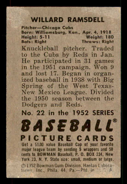 1952 Bowman Baseball #022 Willard Ramsdell Cubs EX-MT 533120