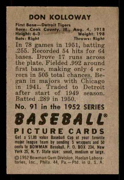 1952 Bowman Baseball #091 Don Kolloway Tigers EX-MT 533126