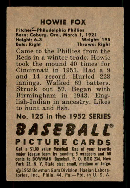 1952 Bowman Baseball #125 Howie Fox Phillies EX-MT 533127