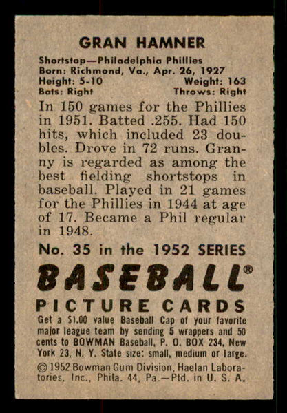 1952 Bowman Baseball #035 Granny Hamner Phillies EX-MT 533131