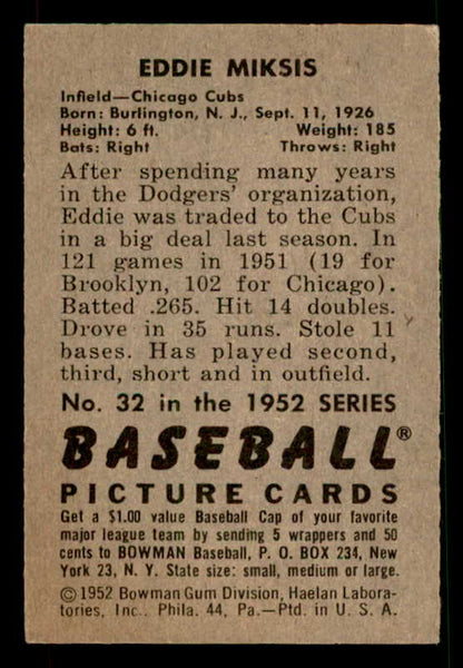 1952 Bowman Baseball #032 Eddie Miksis Cubs EX-MT 533132