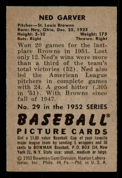 1952 Bowman Baseball #029 Ned Garver Browns EX-MT 533133