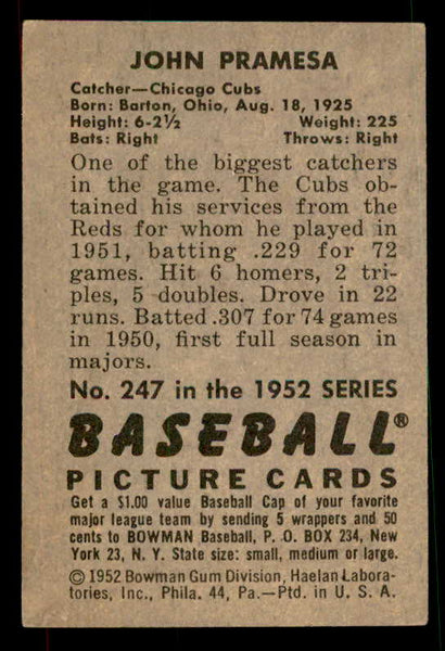 1952 Bowman Baseball #247 John Pramesa Cubs EX-MT 533136