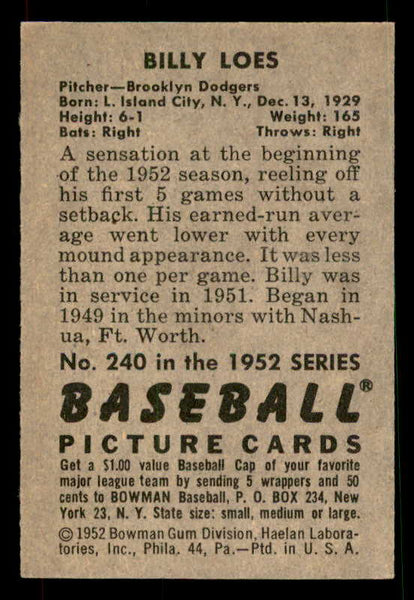 1952 Bowman Baseball #240 Billy Loes Dodgers EX-MT 533138