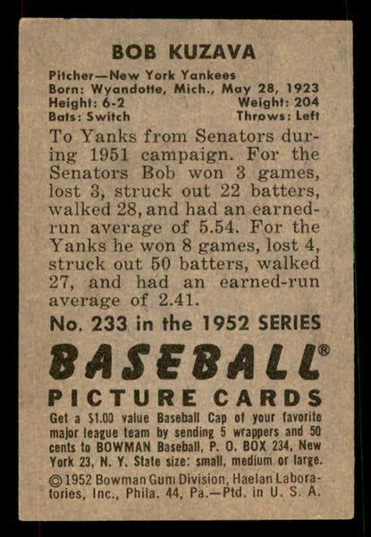 1952 Bowman Baseball #233 Bob Kuzava Yankees EX-MT 533139