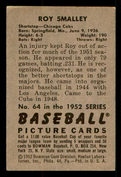1952 Bowman Baseball #064 Roy Smalley Cubs EX-MT 533145