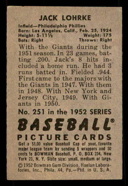 1952 Bowman Baseball #251 Jack Lohrke Phillies EX 533150