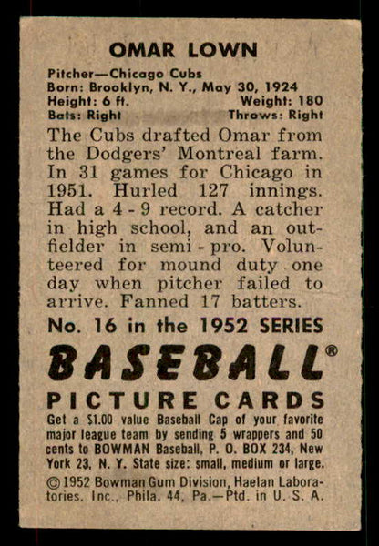 1952 Bowman Baseball #016 Turk Lown Cubs EX 533153