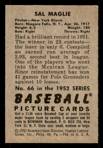 1952 Bowman Baseball #066 Sal Maglie Giants EX-MT 533154