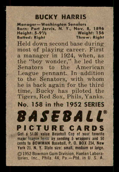 1952 Bowman Baseball #158 Bucky Harris Senators EX-MT 533155