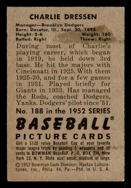 1952 Bowman Baseball #188 Chuck Dressen Dodgers EX-MT 533156