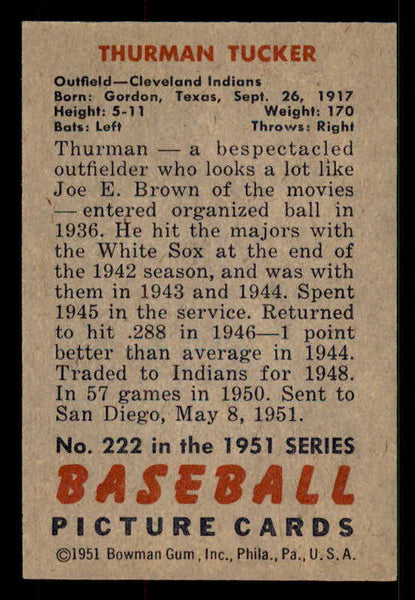 1951 Bowman Baseball #222 Thurman Tucker Indians EX-MT 533158
