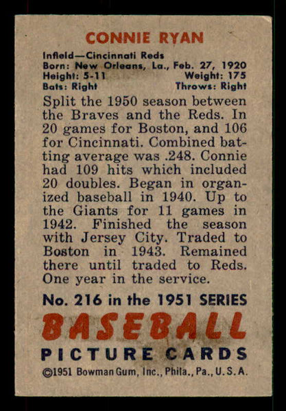 1951 Bowman Baseball #216 Connie Ryan Reds EX-MT 533160