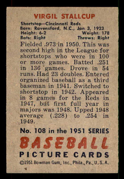 1951 Bowman Baseball #108 Virgil Stallcup Reds EX-MT 533161