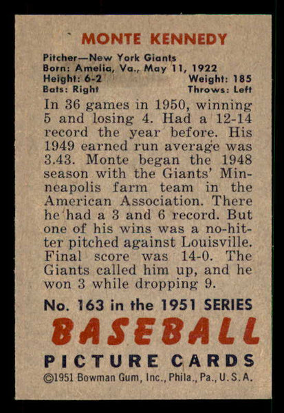 1951 Bowman Baseball #163 Monte Kennedy Giants EX-MT/NR-MT 533162