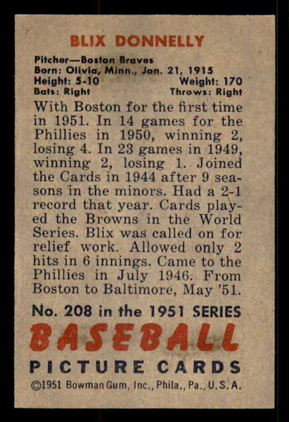 1951 Bowman Baseball #208 Blix Donnelly Braves EX-MT 533175