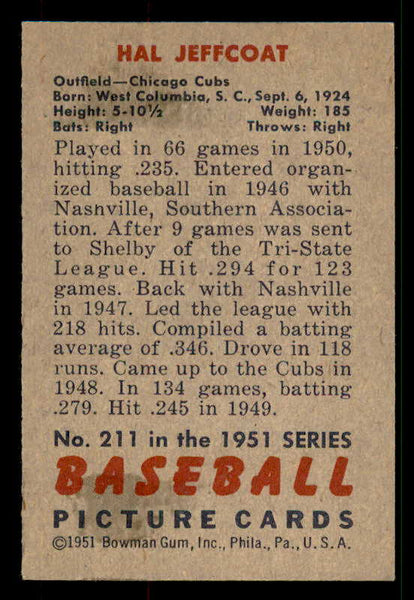 1951 Bowman Baseball #211 Hal Jeffcoat Cubs EX-MT 533177