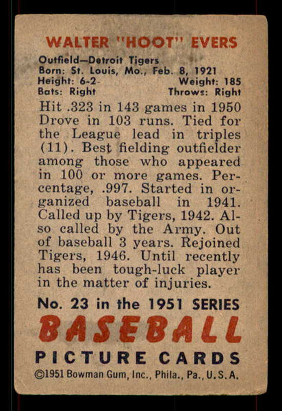 1951 Bowman Baseball #023 Hoot Evers Tigers VG-EX 533183