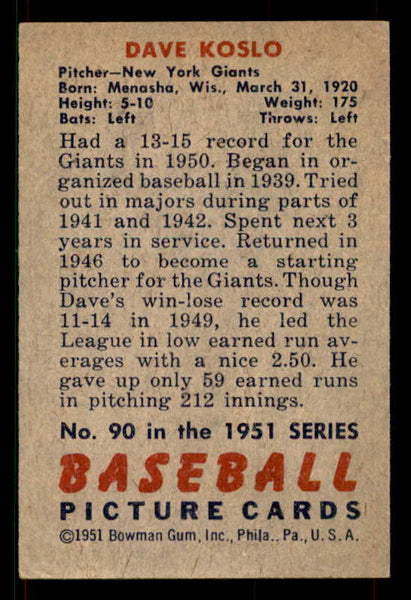 1951 Bowman Baseball #090 Dave Koslo Giants VG-EX 533186