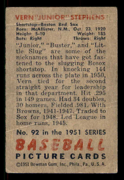 1951 Bowman Baseball #092 Vern Stephens Red Sox VG-EX 533187