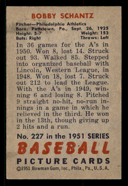 1951 Bowman Baseball #227 Bobby Shantz A's EX-MT 533194
