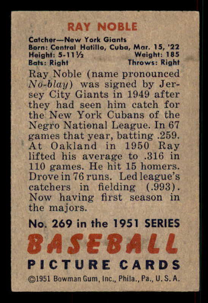 1951 Bowman Baseball #269 Ray Noble Giants EX+/EX-MT 533206