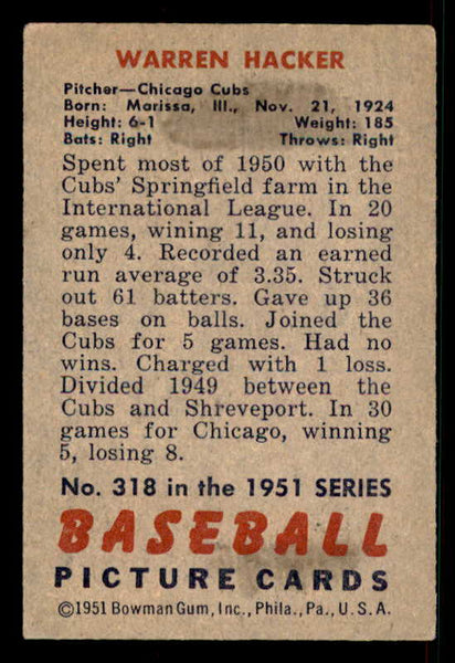 1951 Bowman Baseball #318 Warren Hacker Cubs EX+/EX-MT 533208
