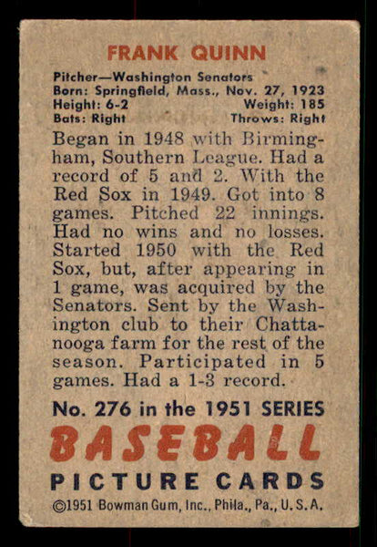 1951 Bowman Baseball #276 Frank Quinn Senators EX 533210