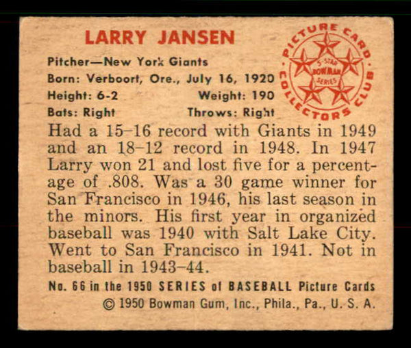 1950 Bowman Baseball #066 Larry Jansen Giants VG-EX 533212