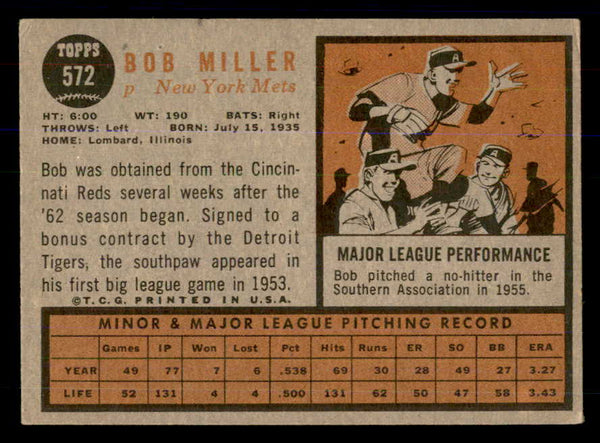 1962 Topps Baseball #572 Bob Miller Mets VG-EX 533335