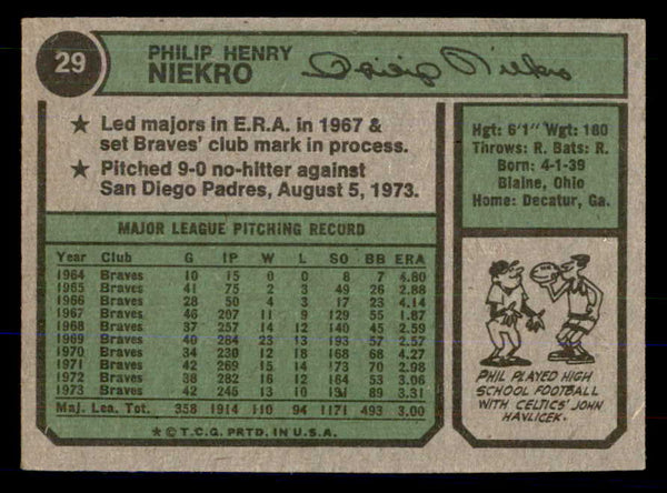 1974 Topps Baseball #029 Phil Niekro Braves EX-MT 533337