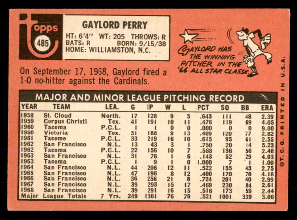 1969 Topps Baseball #485 Gaylord Perry Giants VG-EX 533340