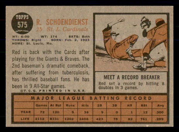 1962 Topps Baseball #575 Red Schoendienst Cardinals EX-MT 533354