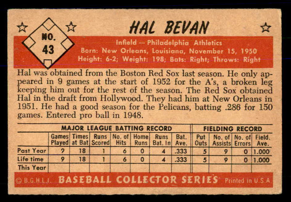 1953 Bowman B&W Baseball #043 Hal Bevan A's EX+/EX-MT 533368