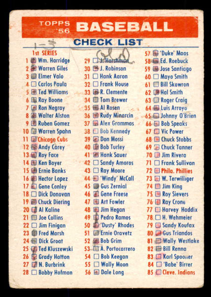 1956 Topps Baseball Checklist 1/3 Fair marked 533378