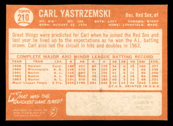 1964 Topps Baseball #210 Carl Yastrzemski Red Sox Good front damage 533414