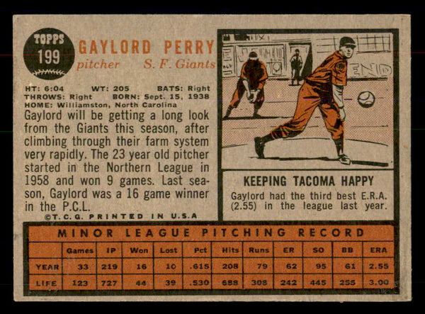 1962 Topps Baseball #199 Gaylord Perry Giants VG-EX 533416