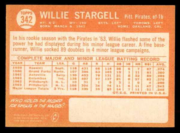 1964 Topps Baseball #342 Willie Stargell Pirates EX-MT 533417