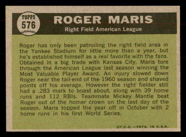 1961 Topps Baseball #576 Roger Maris A.S. Yankees EX-MT 533427