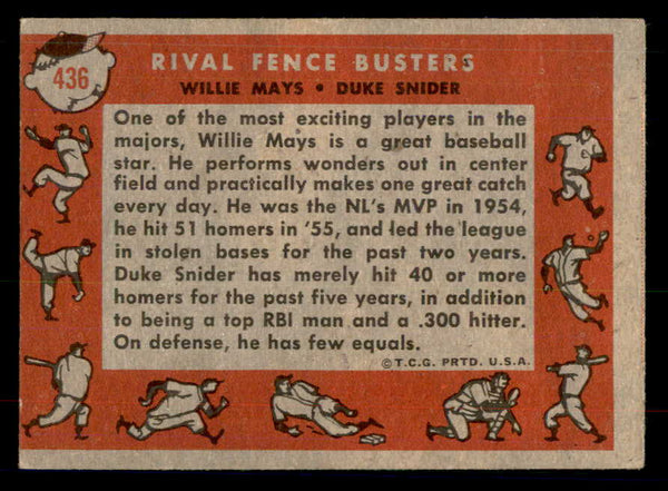 1958 Topps Baseball #436 Willie Mays Duke Snider VG-EX 533429