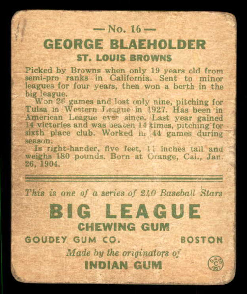 1933 Goudey #016 George Blaeholder Browns FR-GD 533443