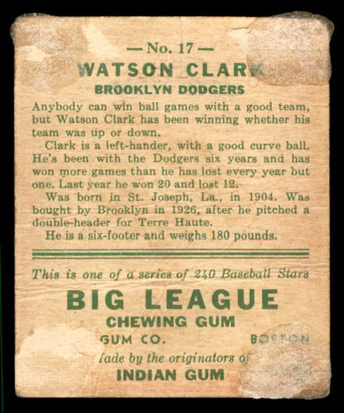 1933 Goudey #017 Watson Clark Dodgers Fair back damage 533444