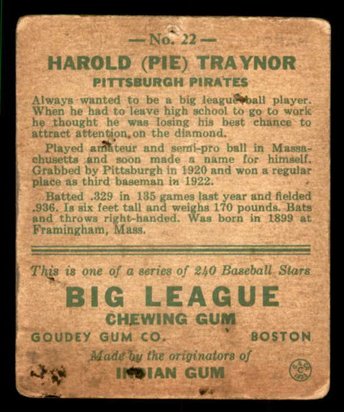 1933 Goudey #022 Pie Traynor Pirates FR-GD pin hole 533446