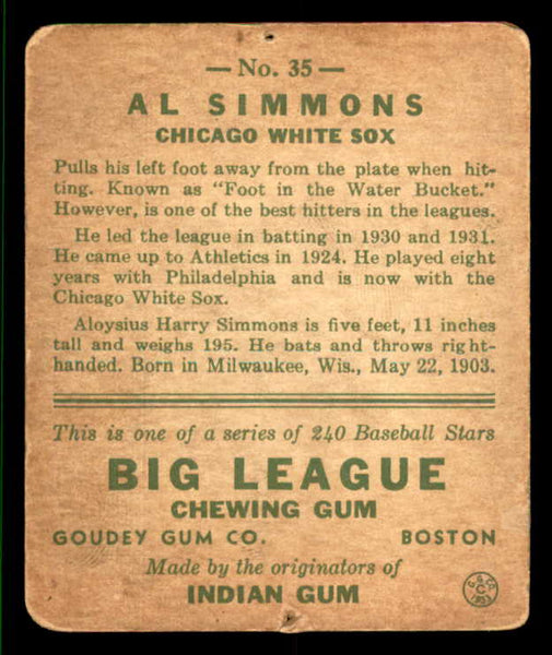 1933 Goudey #035 Al Simmons White Sox FR-GD pin holes 533447