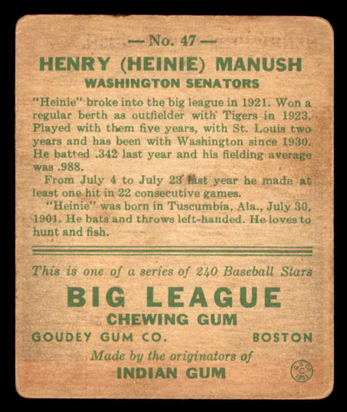 1933 Goudey #047 Heinie Manush Senators VG 533448