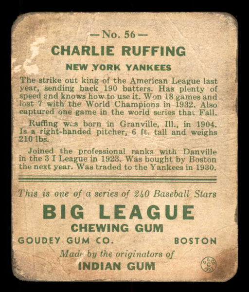 1933 Goudey #056 Red Ruffing Yankees Fair 533450