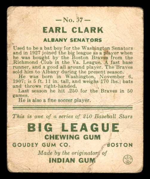 1933 Goudey #057 Earl Clark Albany FR-GD 533451