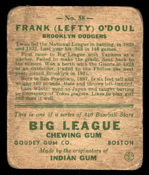 1933 Goudey #058 Lefty O'Doul Dodgers Fair 533452