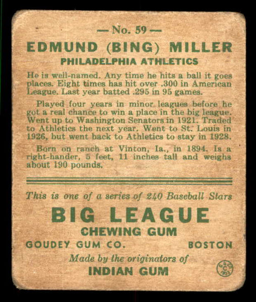 1933 Goudey #059 Bing Miller A's GD-VG 533453